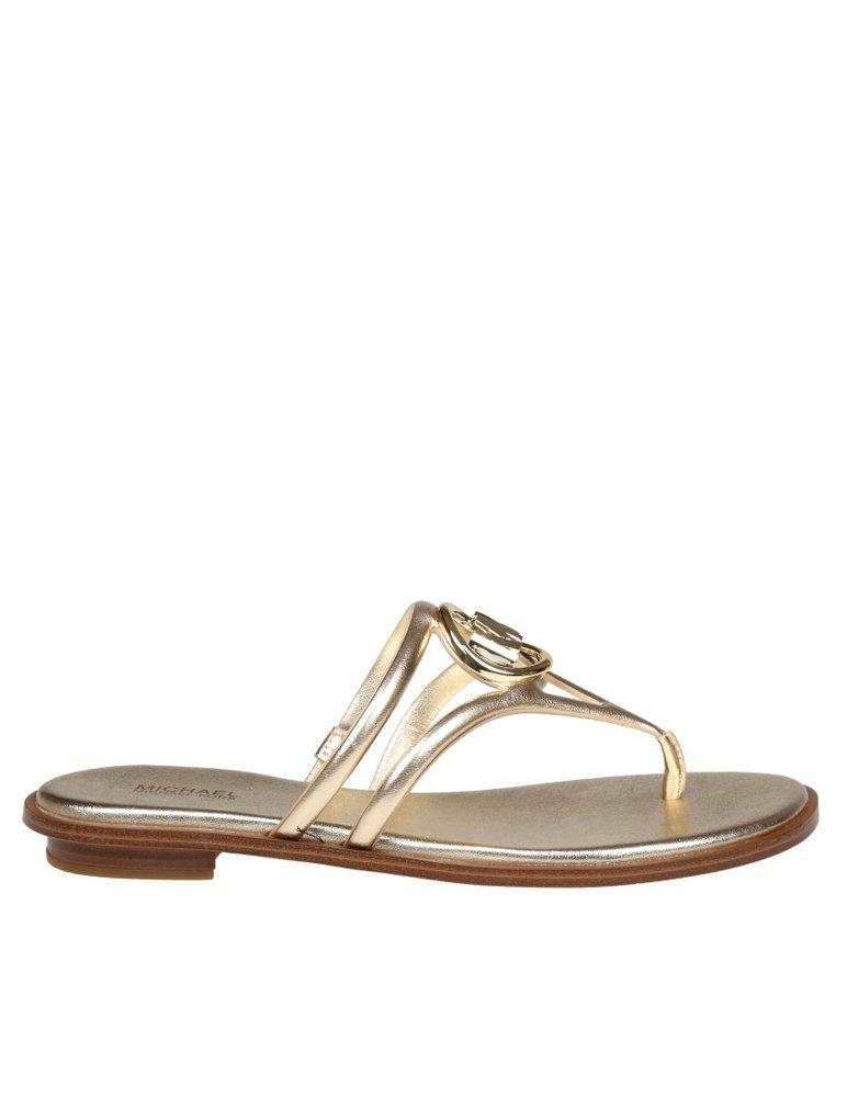 Michael Kors Sandal Hampton Flat In Gold Color Leather in White | Lyst