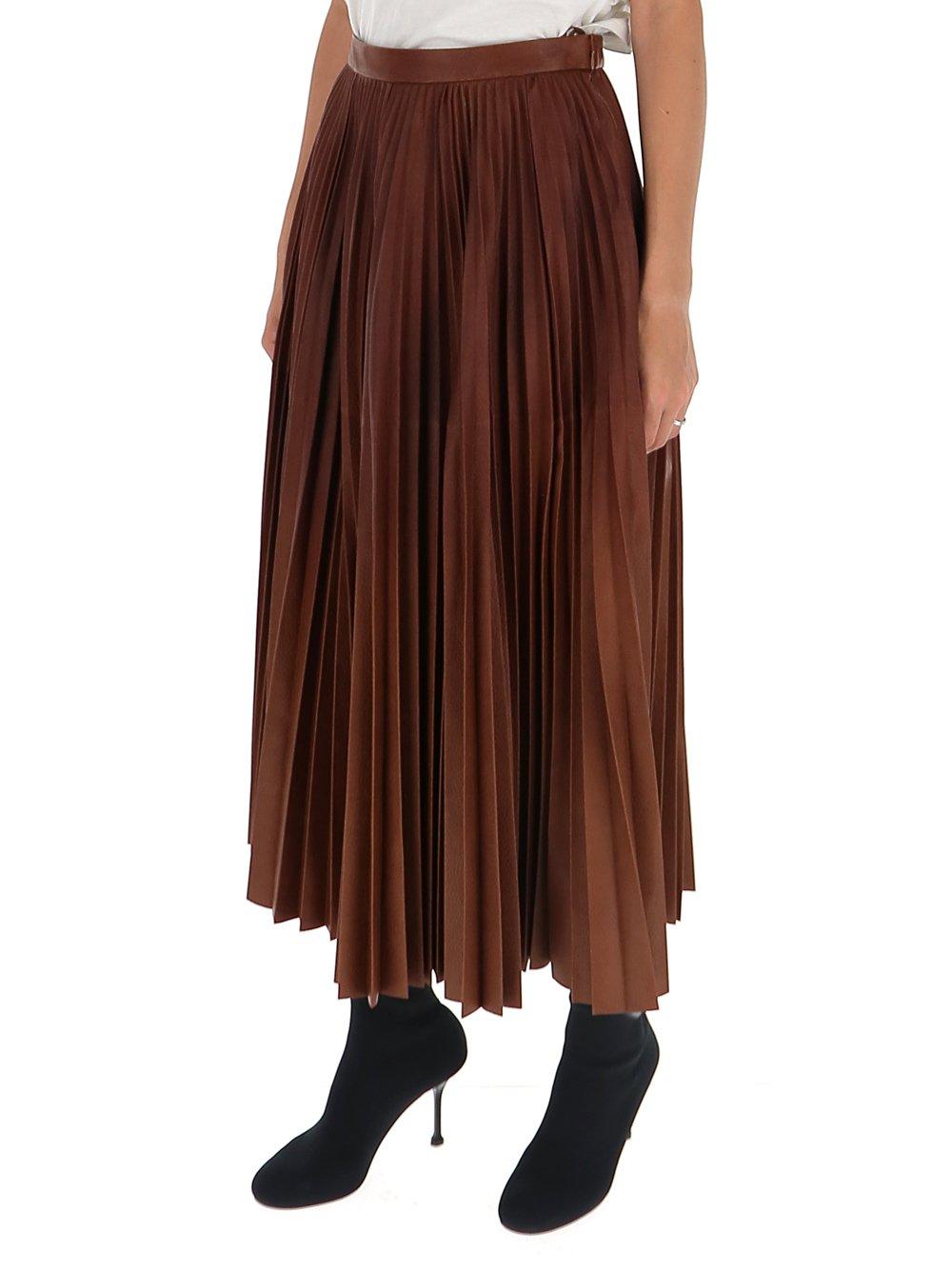 Prada Leather Pleated Midi Skirt in Brown - Lyst