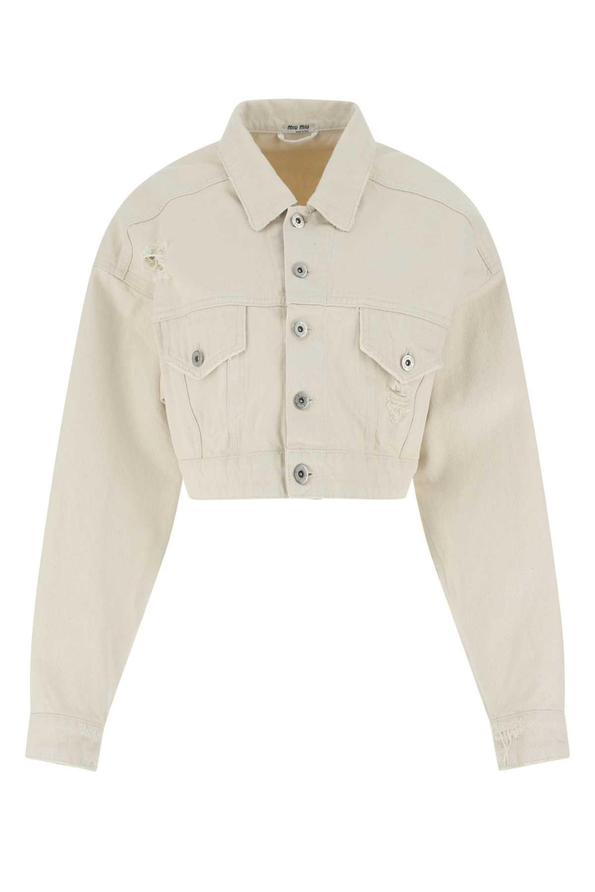 Miu Miu Distressed Cropped Denim Jacket in White | Lyst