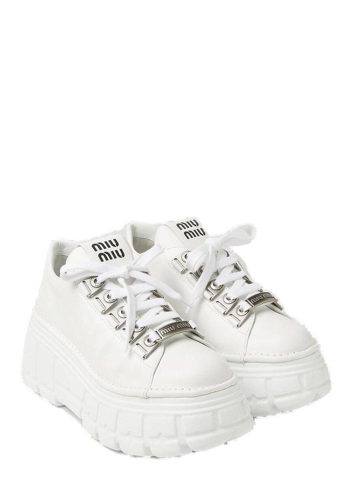 Miu Miu Lace Up Platform Shoes in White | Lyst