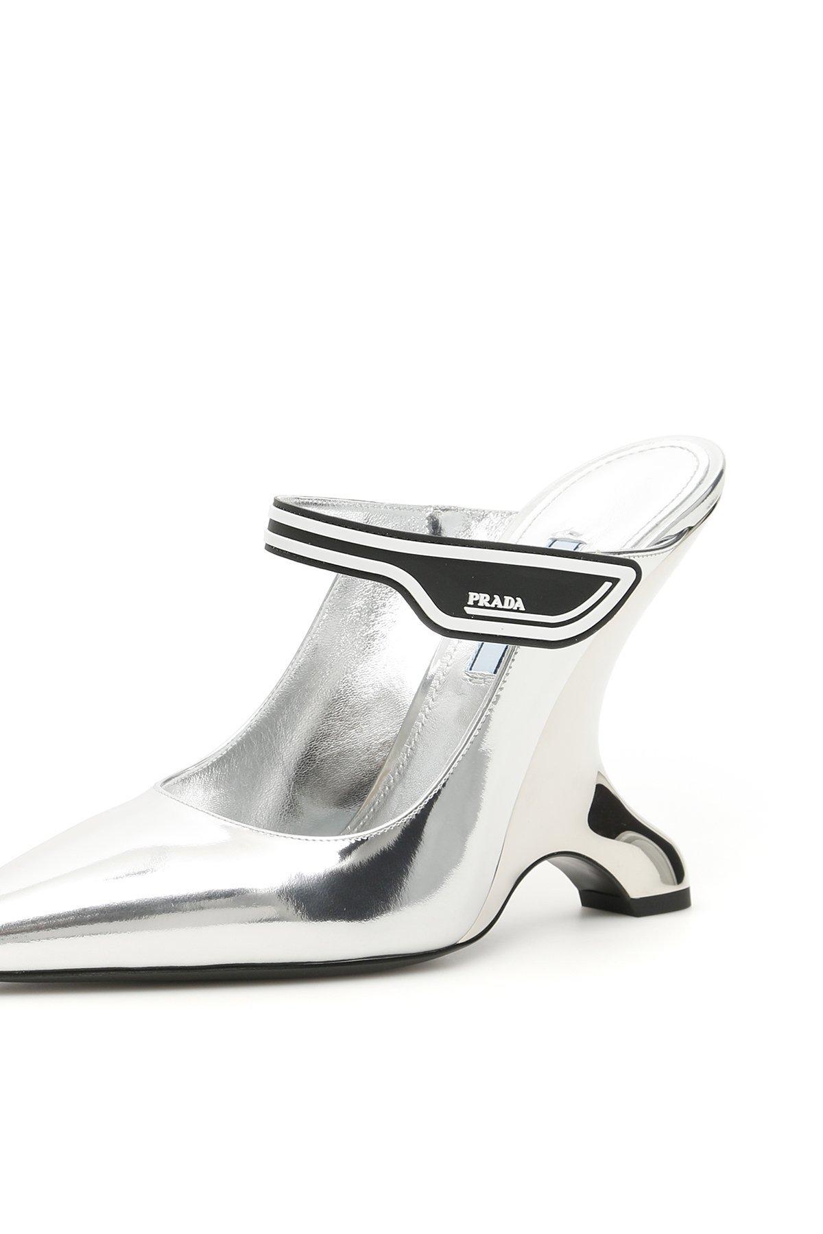 silver prada mules