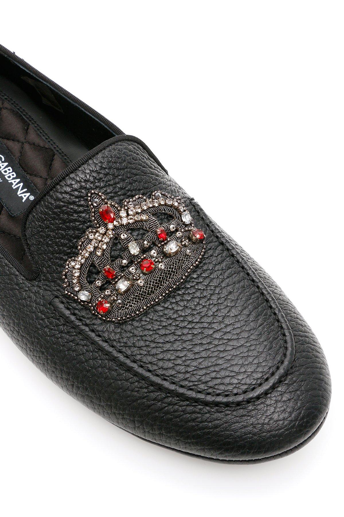 Dolce & Gabbana Leather Dg Crown Logo Embellished Loafers in Black for ...