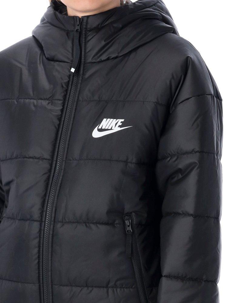 Nike Logo Printed Zipped Hooded Quilted Jacket in Black | Lyst