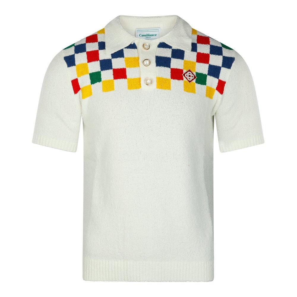 CASABLANCA Logo Patch Check Panelled Knitted Polo Shirt in CASABLANCA Logo Patch Check Panelled Knitted Polo Shirt in