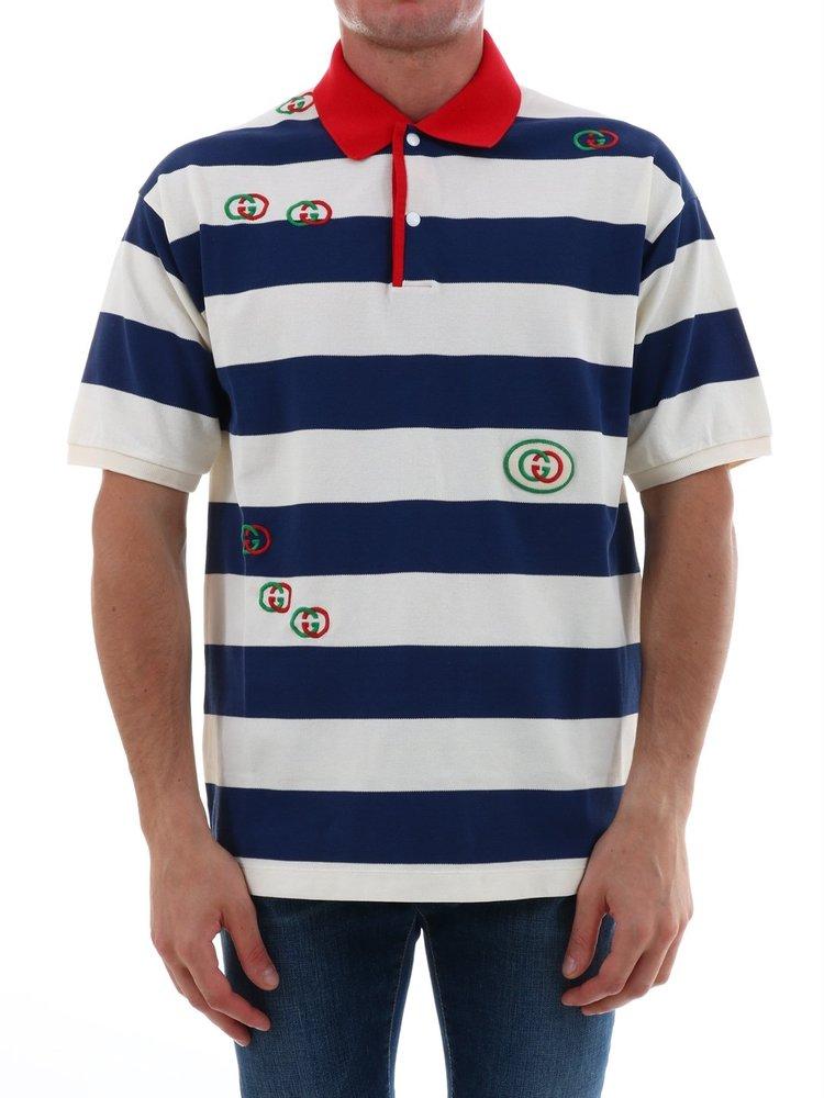 Gucci Mens Ivory MC logo-embroidered Striped Cotton-knit Polo Shirt M