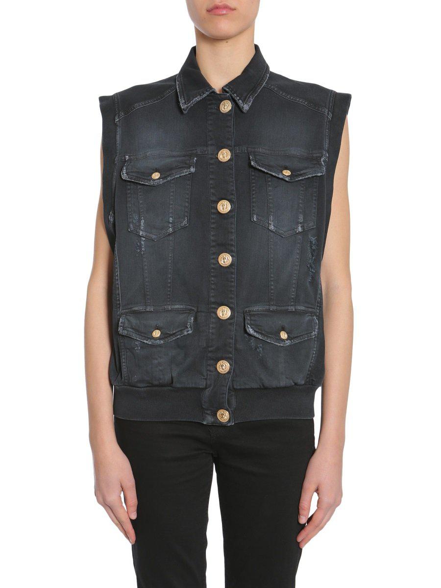 Balmain Sleeveless Denim Jacket in Black Save 45 Lyst