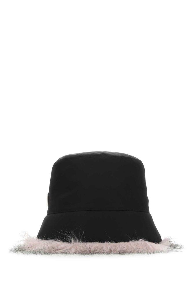 Re Nylon Shearling Trimmed Bucket Hat in White - Prada