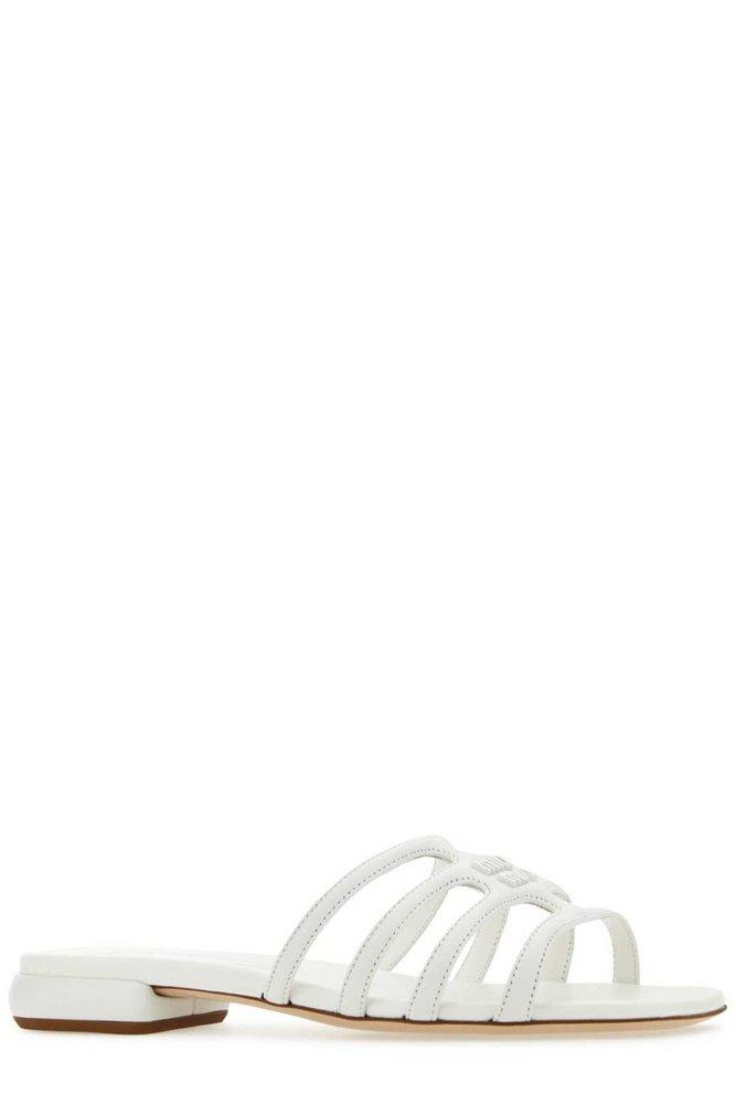 Miu Miu Logo-plaque Leather Flat Sandals in White | Lyst