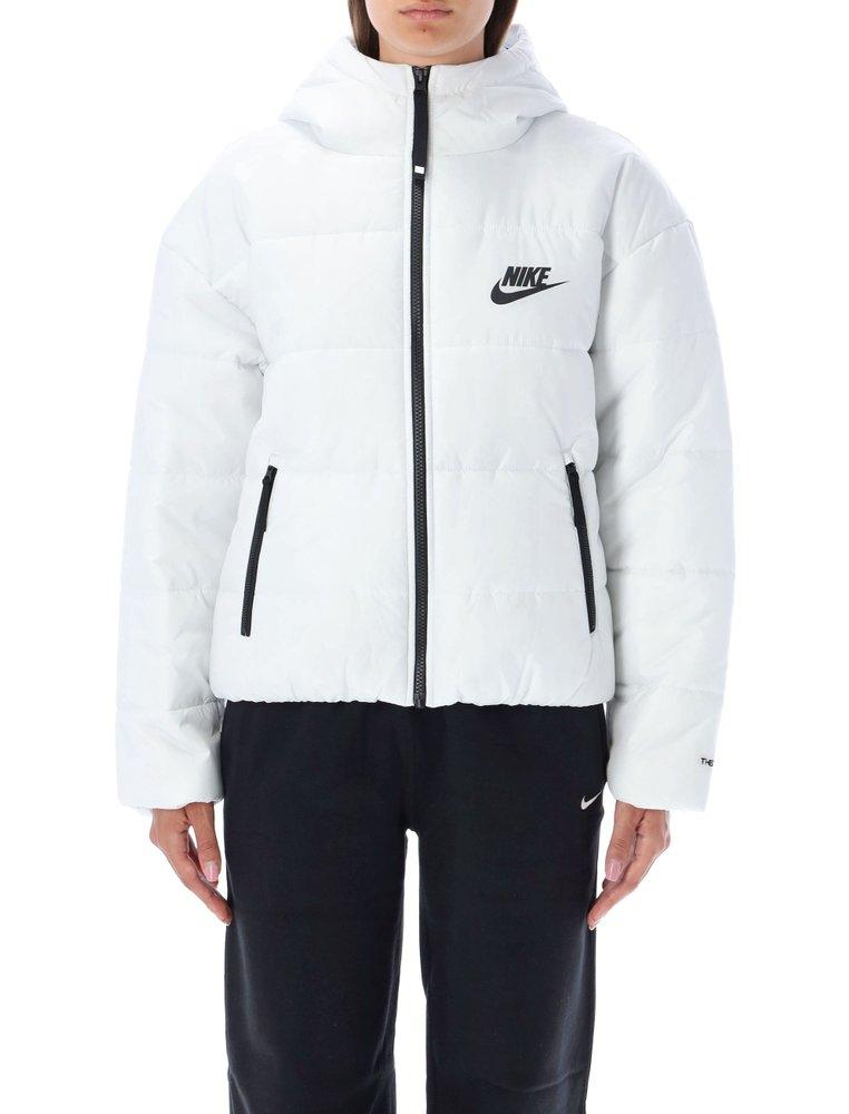 Nike Logo Printed Zipped Hooded Quilted Jacket in White | Lyst