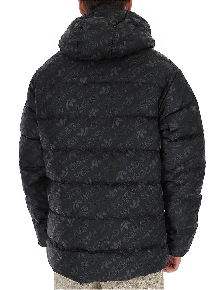 From Biggest in terms of adidas Originals Allover Logo Printed Puffer Jacket in Black for Men | Lyst