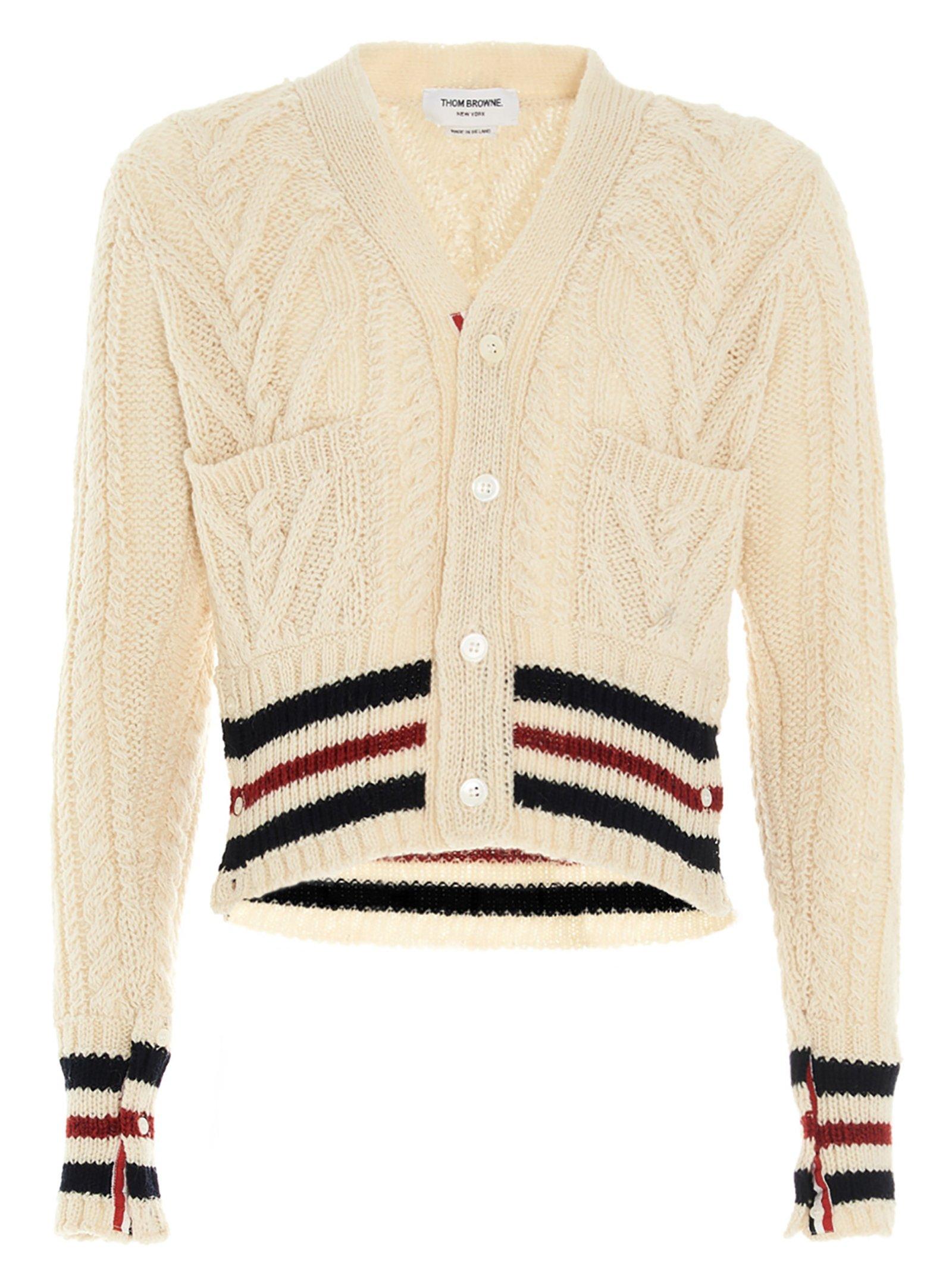 Thom Browne Wool Striped Cable Knit Cardigan in White (Natural) for Men ...