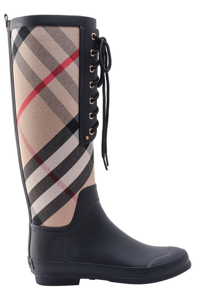 Burberry Checked Laced Knee-high Boots in Blue | Lyst