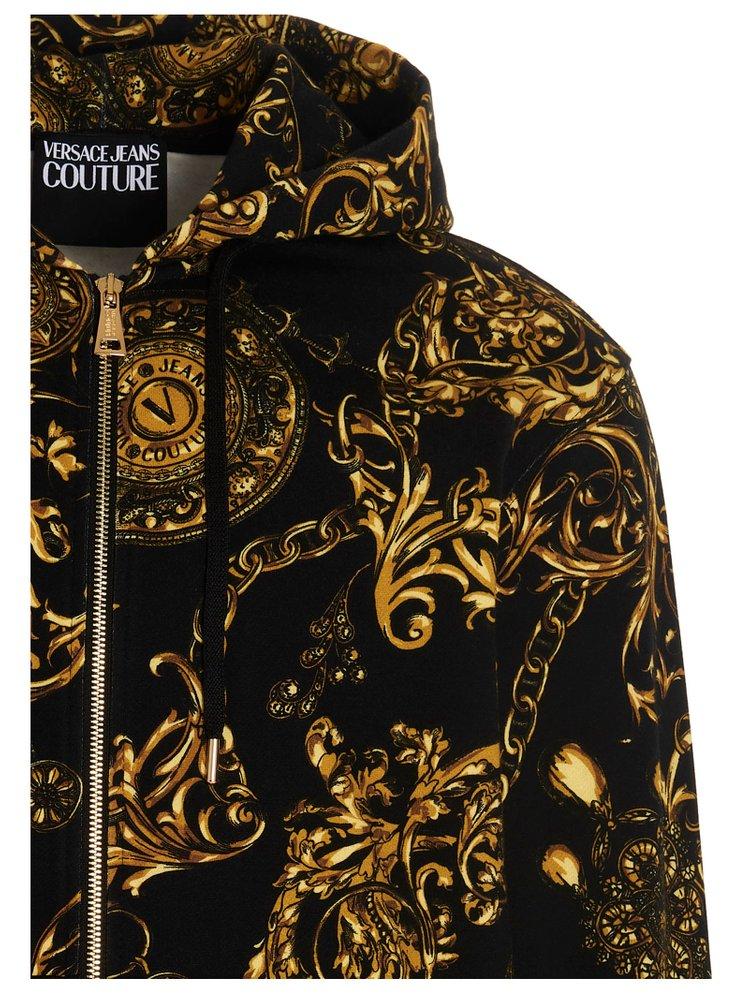 Versace Jeans Couture Baroque Print Drawstring Zipped Hoodie in Black for  Men | Lyst