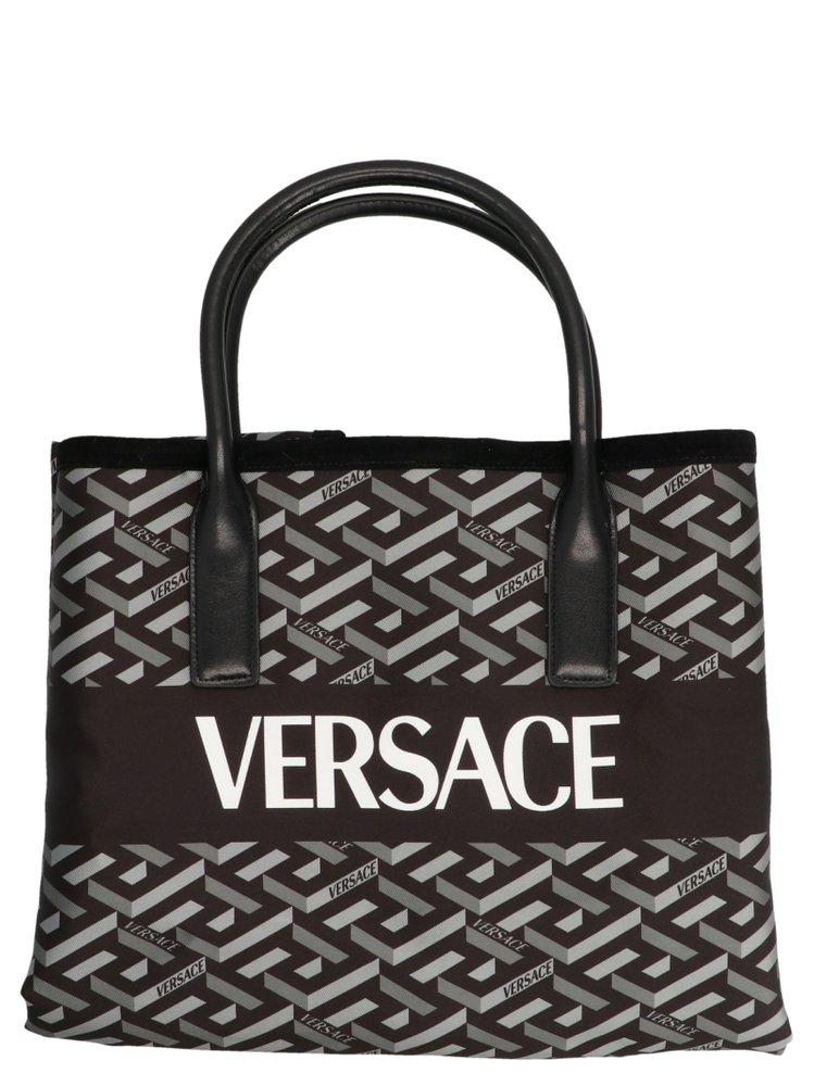 Versace La Greca Pattern Top Handle Tote Bag in Black
