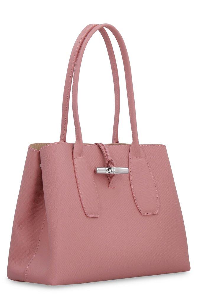 LONGCHAMP Roseau Light Pink Croc embossed Leather Hobo Shoulder