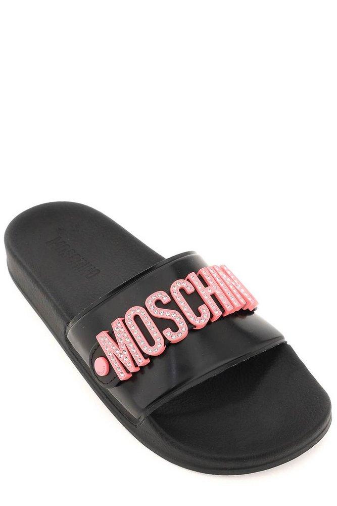 Moschino Embellished Logo Detail Slides in Black | Lyst