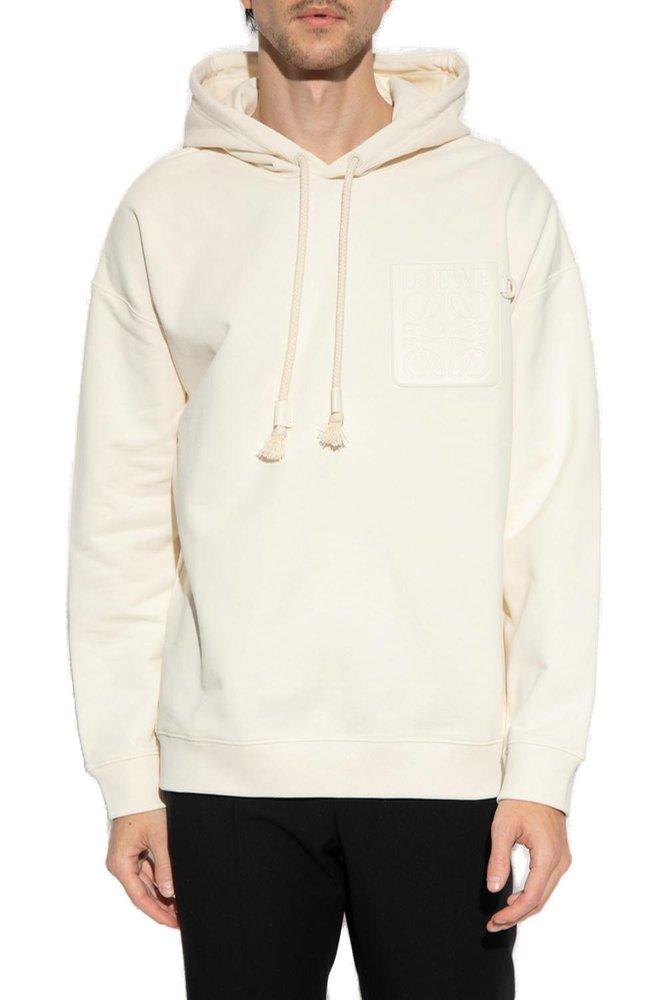 Loewe Anagram Logo Patch Drawstring Hoodie in White for Men Loewe Anagram Logo Patch Drawstring Hoodie in White for Men