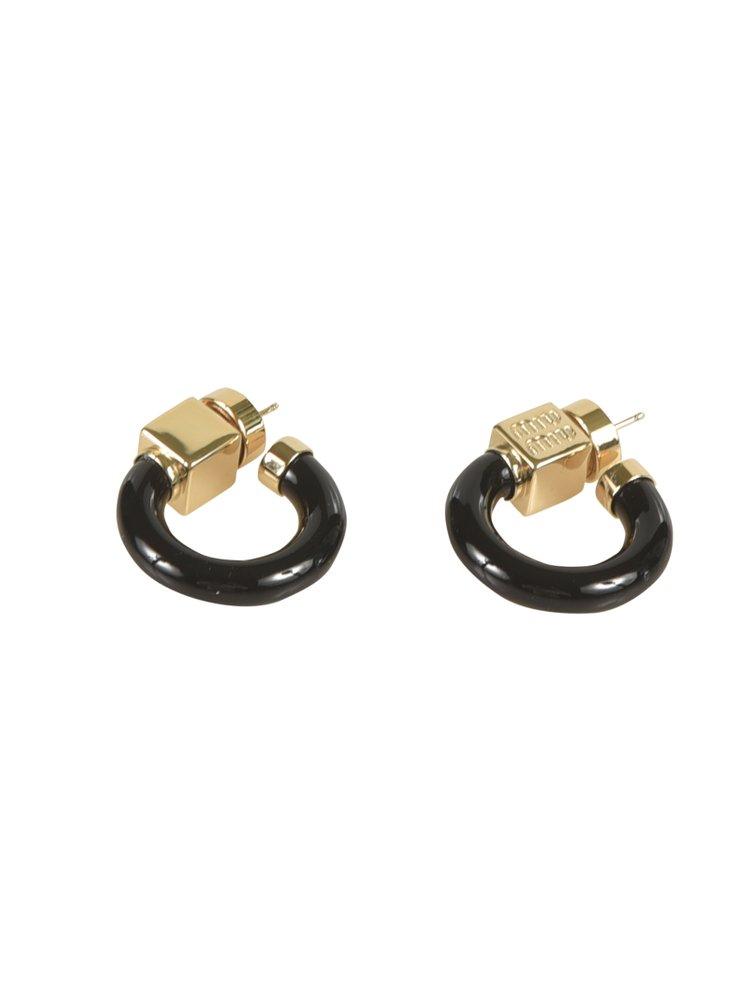 関税込!【MIU MIU】BLACK AND GOLD L EARRINGS Miu Miu Miu Logo Earrings | Gold | FARFETCH