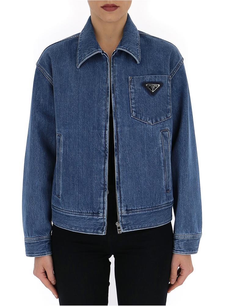 Prada Zipped Logo Denim Jacket in Blue | Lyst Prada Zipped Logo Denim Jacket in Blue | Lyst