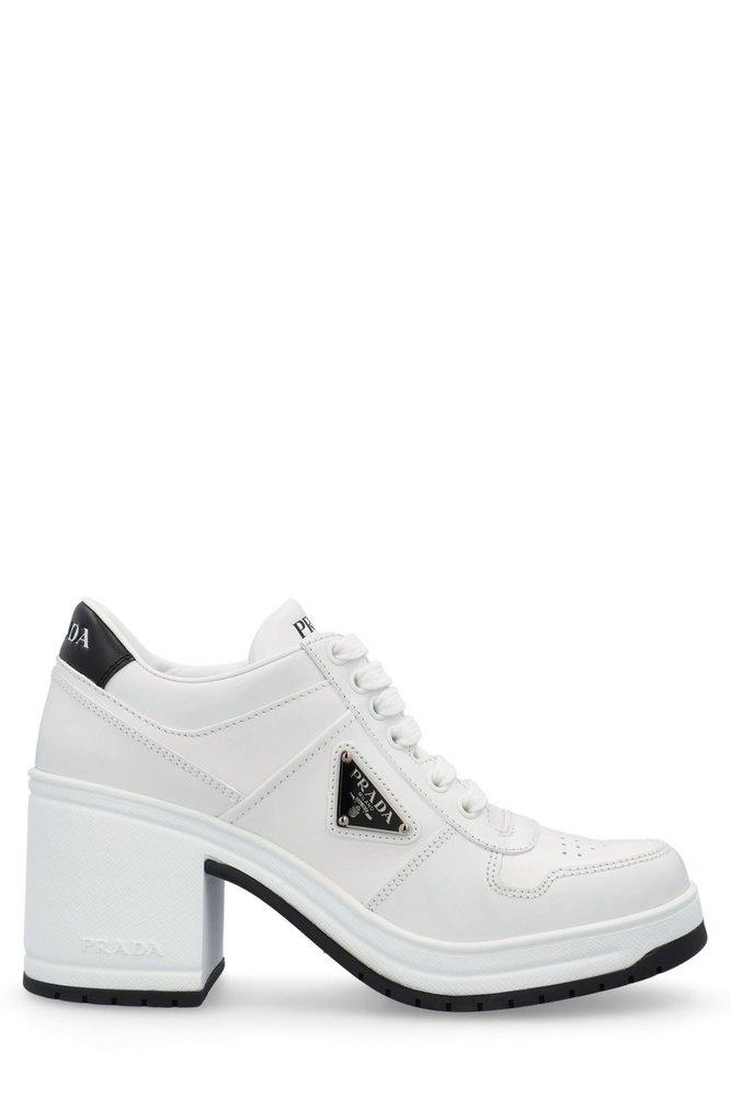 PRADA＊Downtown high-heeled leather sneakers＊送料込 Prada Downtown High-heeled Leather Sneakers in White | Lyst