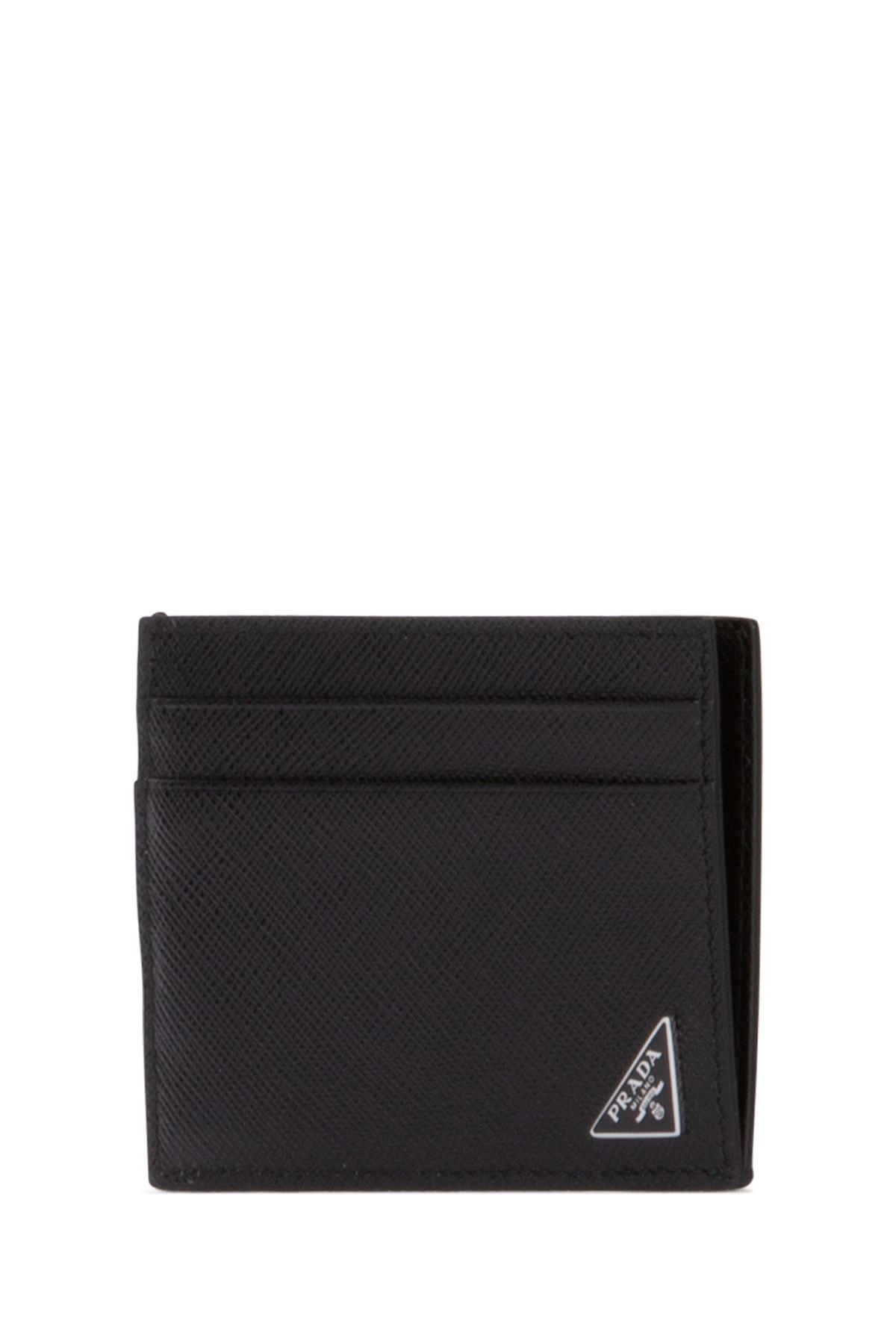 Prada Leather Saffiano Triangle Card Case With Money Clip in Black 