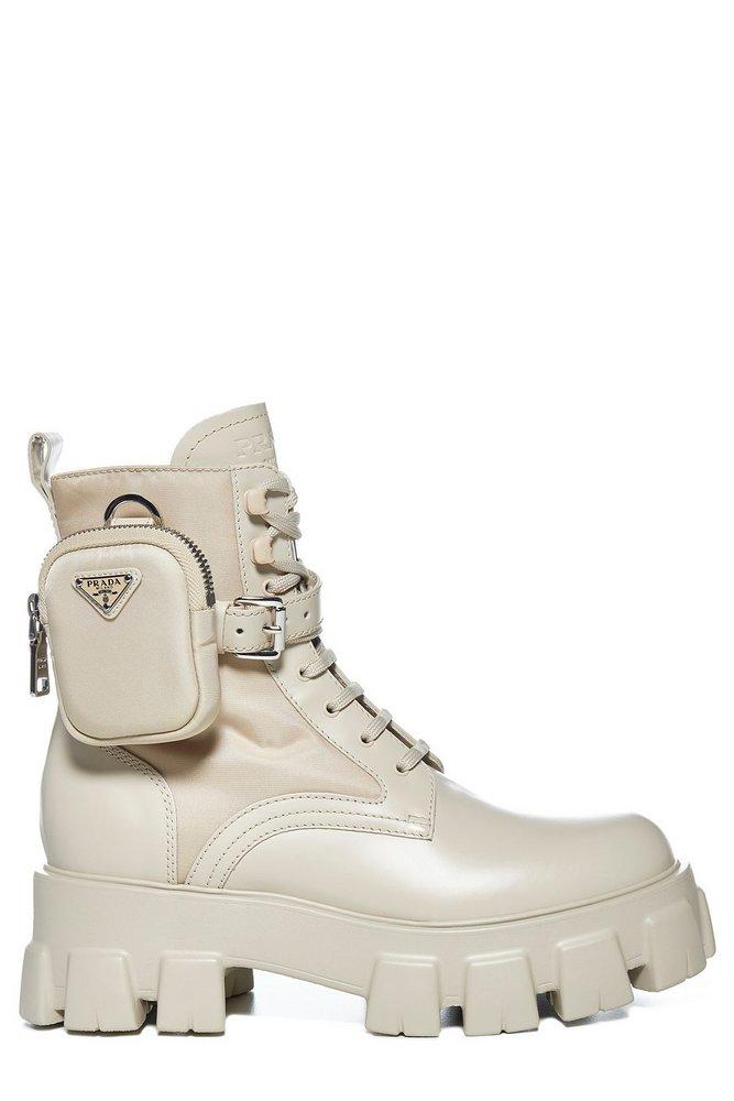 Prada Monolith Pouch Strapped Ankle Boots in Natural | Lyst