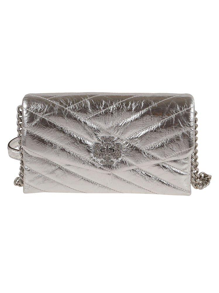 Tory Burch Kira Chevron Metallic Pave Logo Chained Wallet in Gray | Lyst