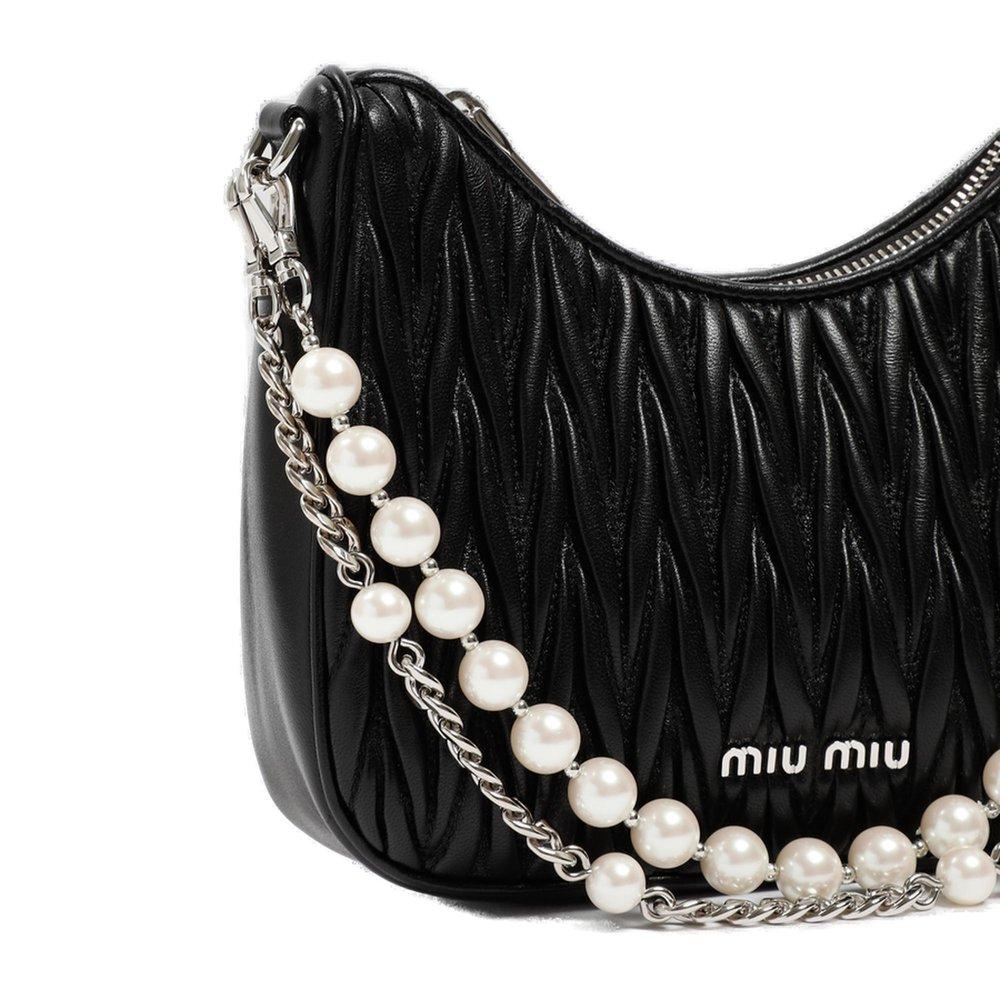 Miu Miu Matelassé Pearl Embellished Shoulder Bag in Black