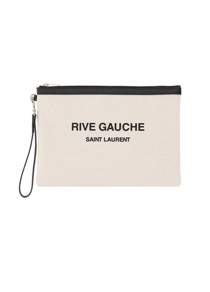 Saint Laurent Logo Print Two-tone Clutch Bag in White | Lyst