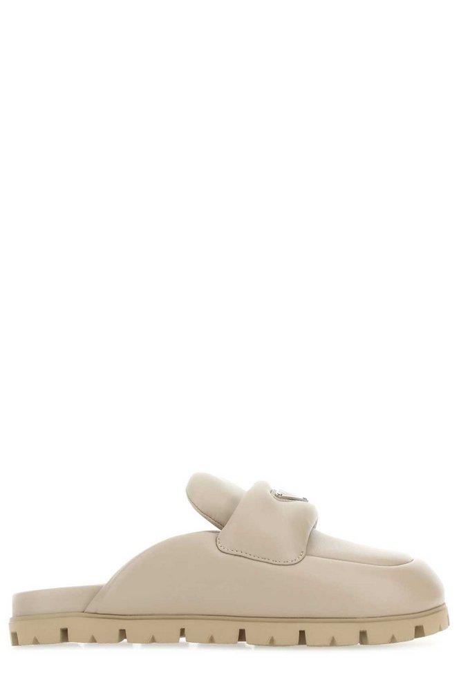 Prada Triangle Logo Plaque Slipon Sandals in Brown Lyst