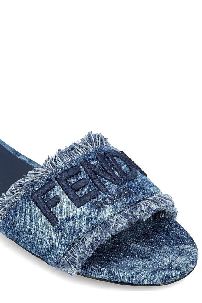 Fendi Sunshine Fringed Denim Slides in Blue | Lyst