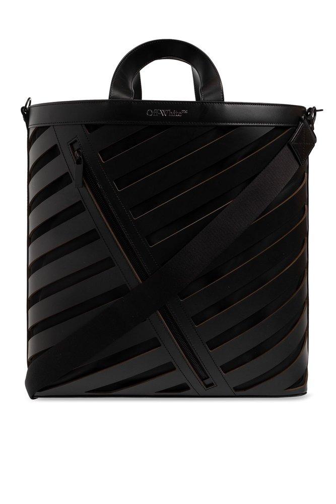 OFF-WHITE: Off White saffiano leather tote bag with diagonal print