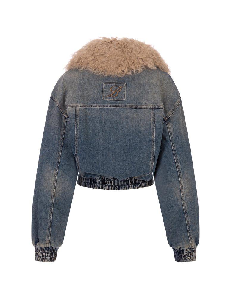 【Blumarine】 Cropped shearling-trimmedデニムジャケット Blumarine Faux Fur-trimmed Denim Jacket in Blue | Lyst UK