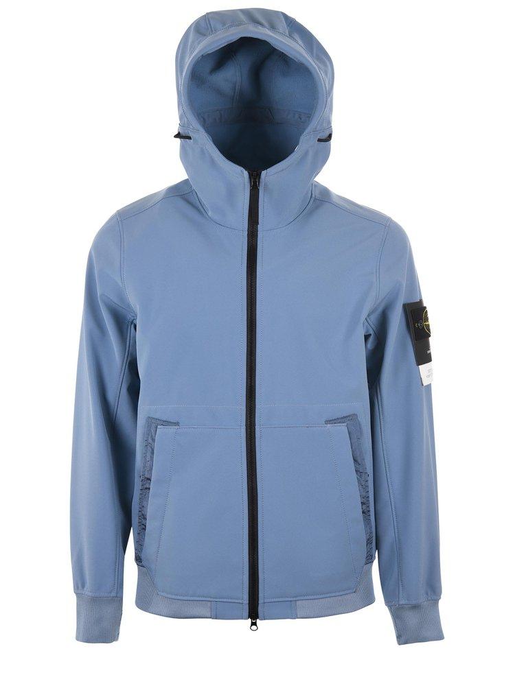 Stone Island Logo Patch Hooded Zip-up Jacket in Blue for Men | Lyst
