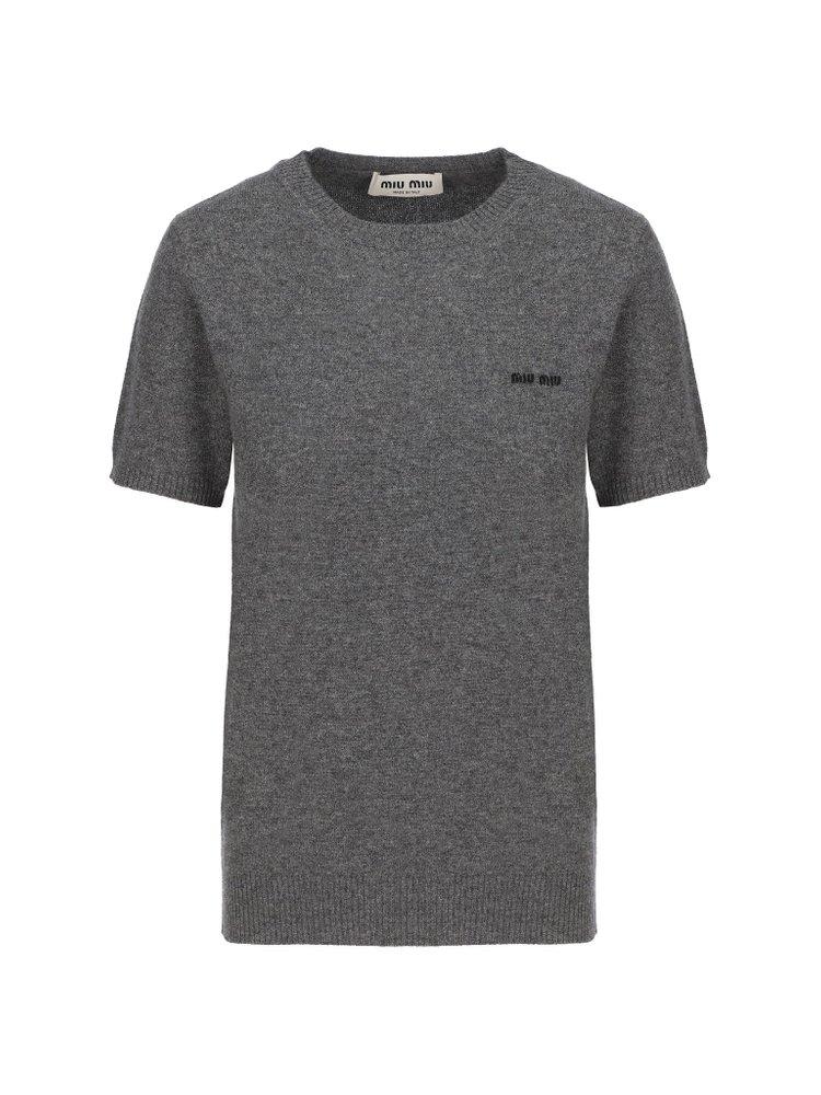 Miu Miu Logo Embroidered Crewneck Knitted T-shirt in Gray | Lyst