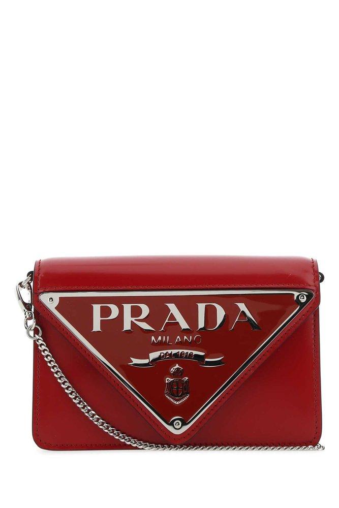 Prada Logo Plaque Chained Shoulder Bag in Red | Lyst