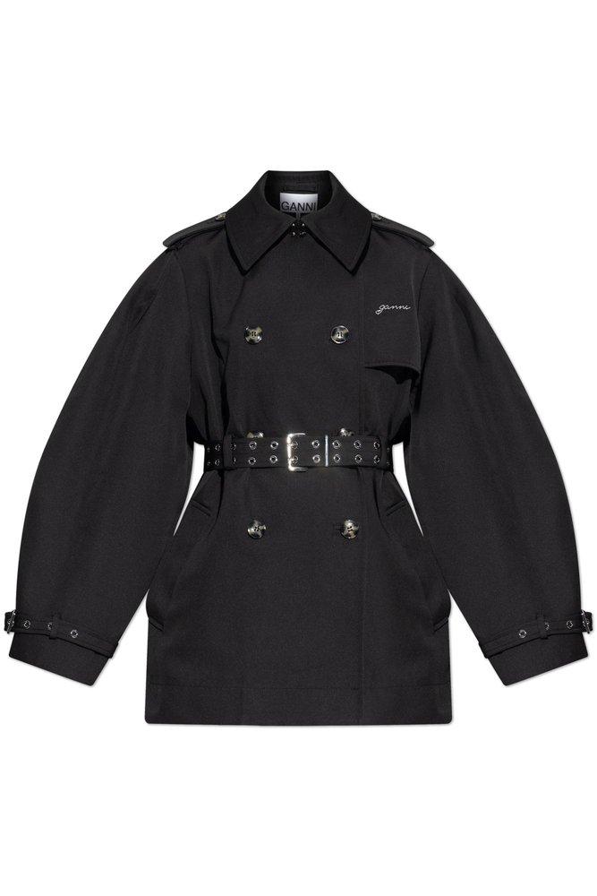 【関税＆送料込み】Ganni Black Coat Black Black Bonded Cotton Trench Coat | GANNI US