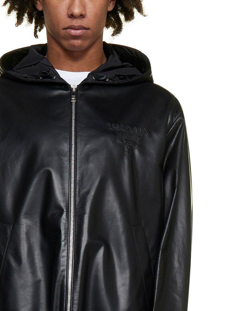 Prada Hooded Leather Jacket in Black | Lyst