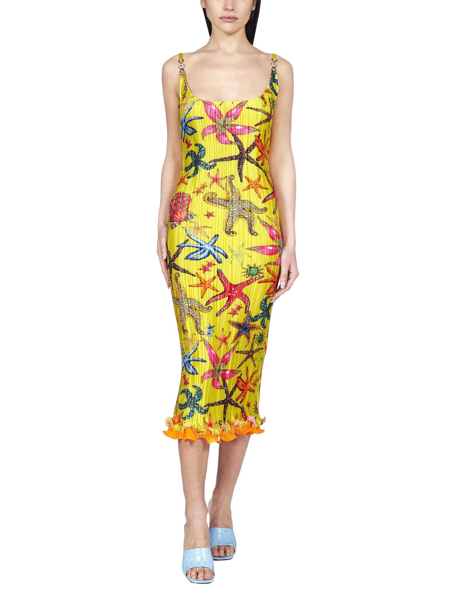 Versace Starfish Print Sleeveless Midi Dress in Yellow | Lyst