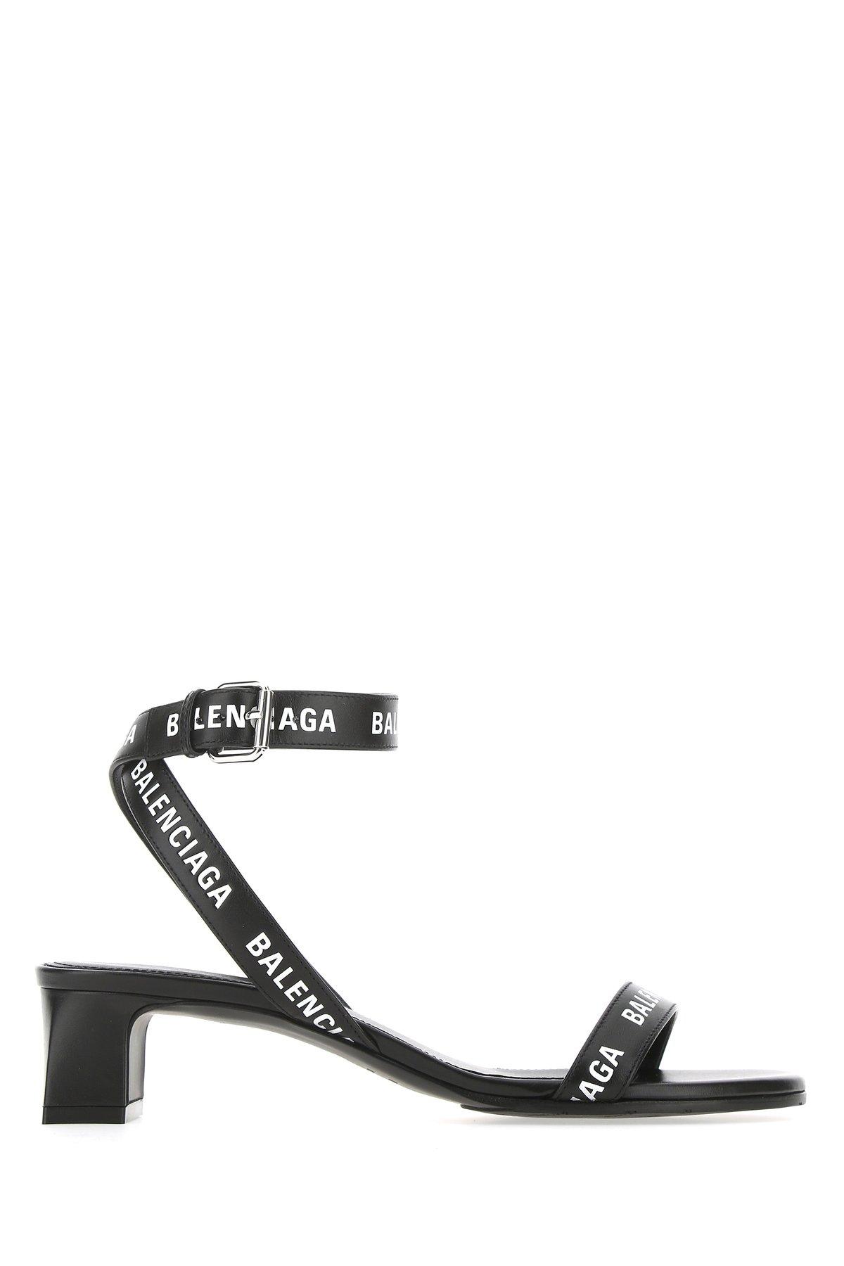 Balenciaga Black & White Allover Logo Strap Sandals | Lyst