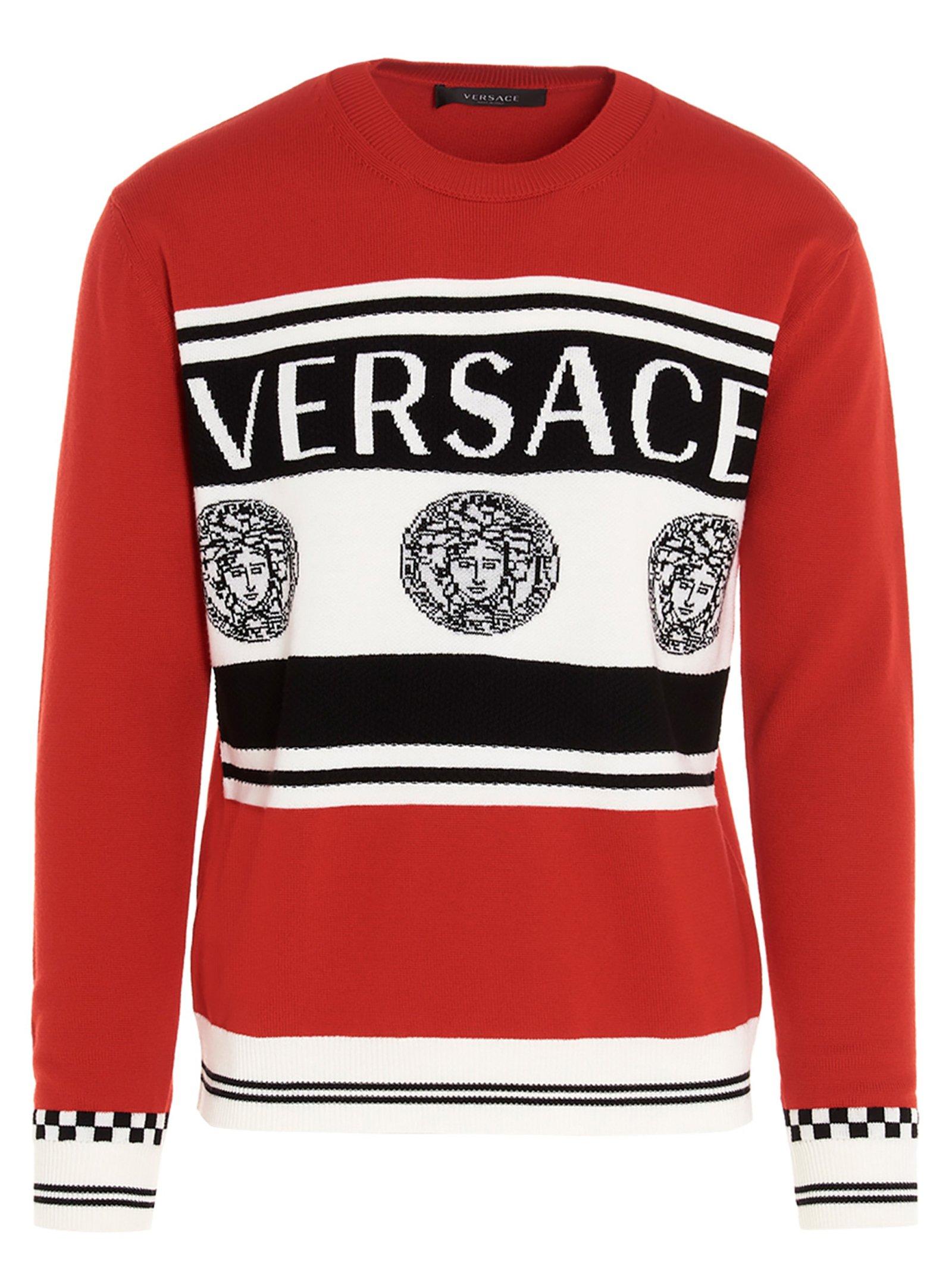 Versace Wool Medusa Logo Print Knit Sweater in Red for Men - Lyst