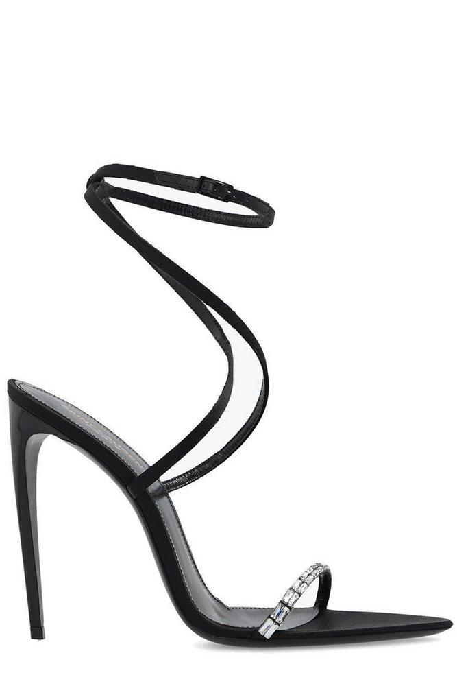 Saint Laurent Gloria Embellished Heeled Sandals in Black | Lyst