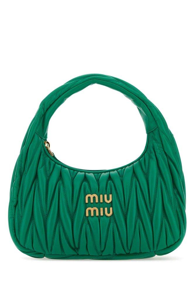 Miu Miu Wander Matelassé Logo Plaque Mini Hobo Bag in Green