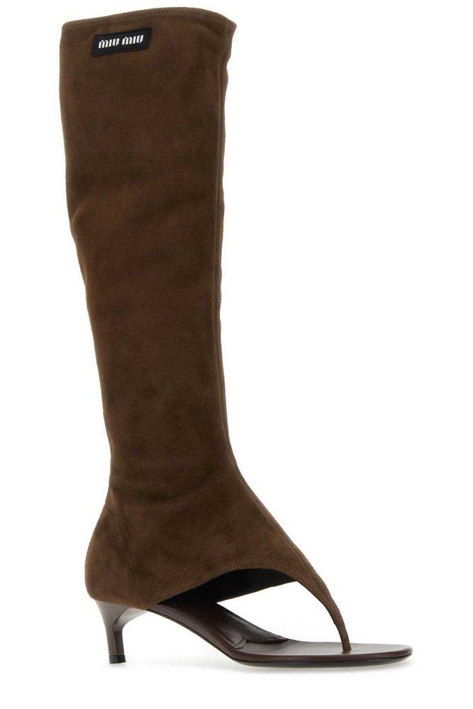 Miu Miu Knee-high Zipped Thong Boots in Brown | Lyst