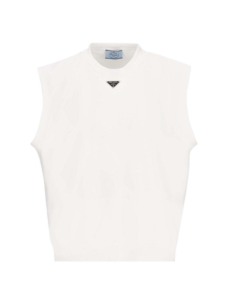 Prada Logo Plaque Crewneck Sweatshirt Vest in White | Lyst