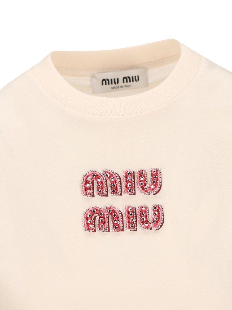 Miu Miu Logo-embellished Crewneck T-shirt in White | Lyst Miu Miu Logo-embellished Crewneck T-shirt in White | Lyst