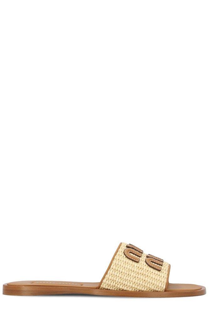 サンダル・ミュール MIU MIU LOGO RUCHES SANDALS Miu Miu logo-lettering Sandals | Neutrals | FARFETCH