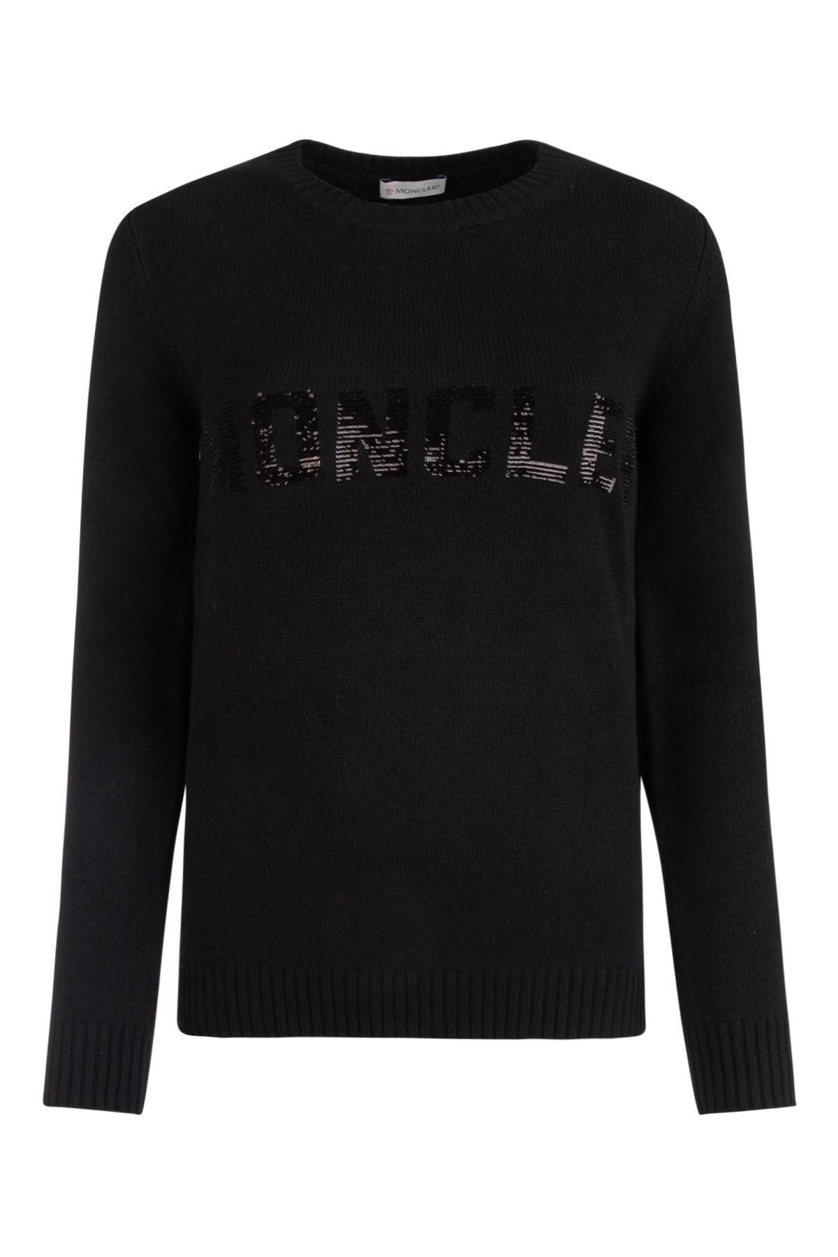 Moncler Wool Logo Sequinned Crewneck Sweatshirt in Black - Lyst