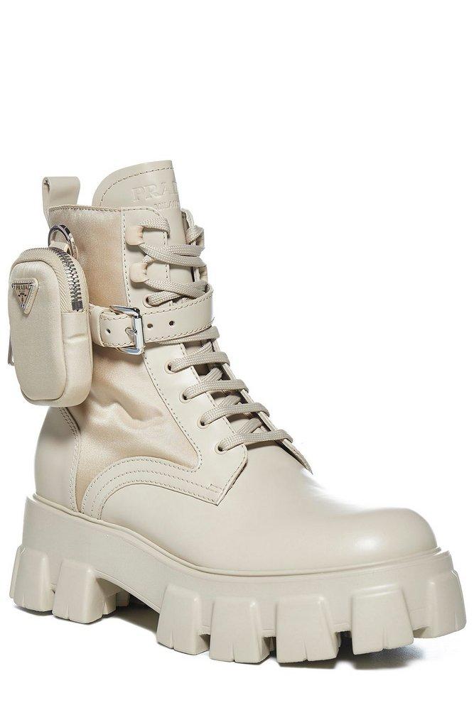 Prada Monolith Pouch Strapped Ankle Boots in Natural | Lyst