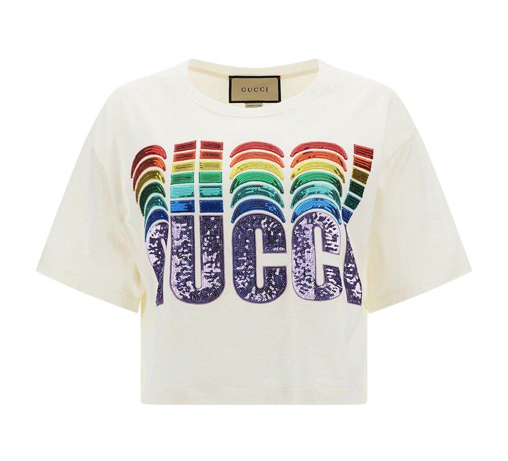 Gucci Sequinned Logo Cropped T-shirt in White | Lyst